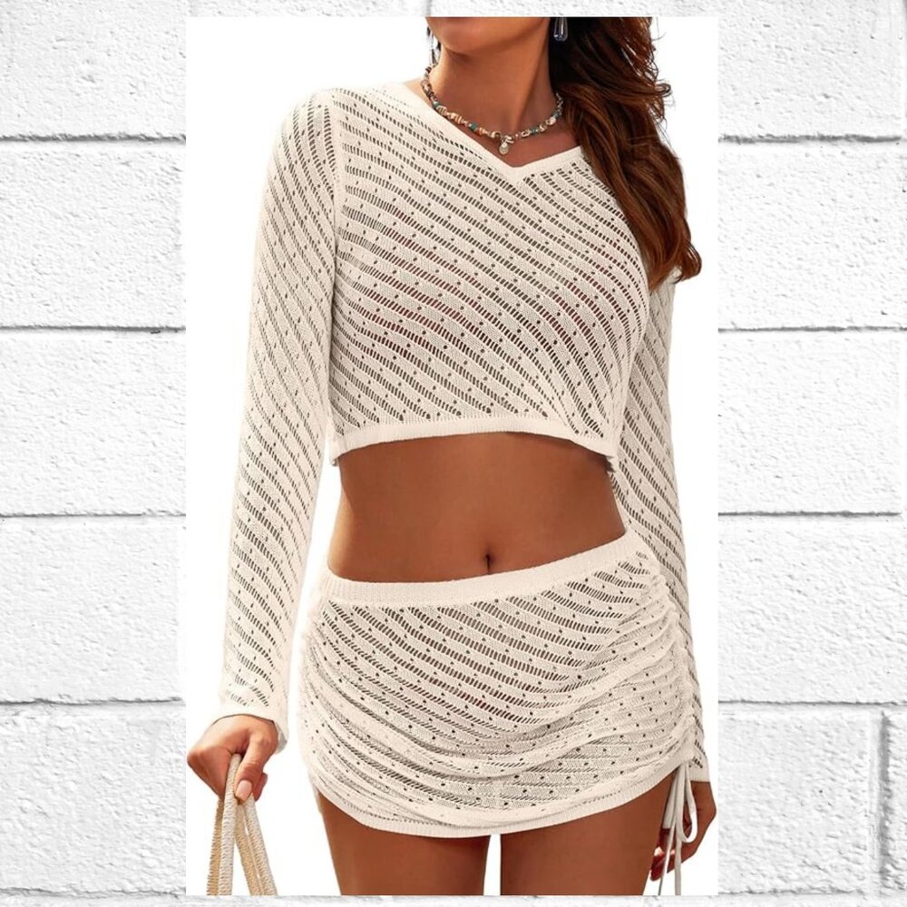 NWT! Beige Two-Piece Crochet Open Knit Swimwear Coverup w/Drawstring Side Adjust